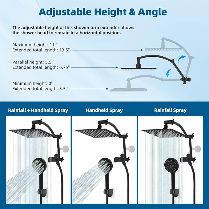 Hibbent All Metal Shower Head, 8'' High Pressure Rain Shower Head/Handheld Showerhead Combo with 16'' Adjustable Arc-shaped Extension Arm, 10 Sprays, 71'' Hose, Showerhead Holder, Oil Rubbed Bronze
