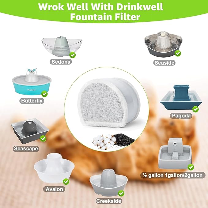 15 Count Replacement Carbon Filters Compatible with PetSafe Drinkwell Filters, Pet Water Fountain Replacement Cartridges for Dog and Cat Fountain.