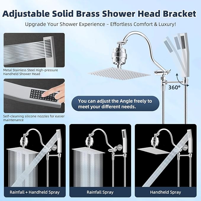 Hibbent All Metal 12'' Filtered Rainfall Shower Head Combo, High Pressure Handheld Shower Wand, 12'' Adjustable Curved Extension Arm, 20 Stage Shower Filter, 71'' Hose, Shower Head Holders, Chrome