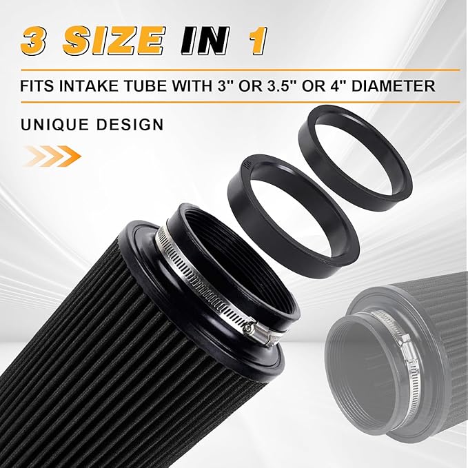 4-Inch Cold Air Intake Filter - Washable, High Performance, 3" or 3-1/2" or 4" Clamp-On Filter Height: 9 In Replacement Cone Air Filter Universal 3 Sizes in 1 (Black)
