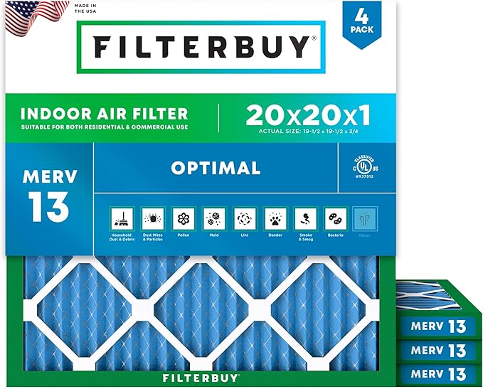 Filterbuy 20x20x1 Air Filter MERV 13 (MPR 1900) Health Defense Replacement (4-Pack), Electrostatic Pleated HVAC AC Furnace Filters, Made in USA (Actual Size: 19.50 x 19.50 x 0.75)
