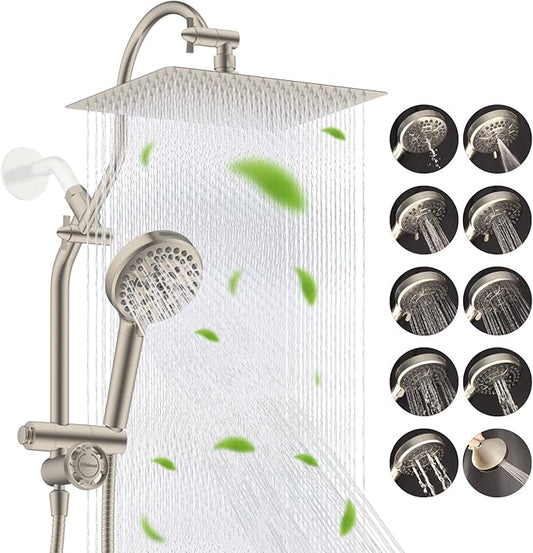 Hibbent Upgraded All Metal 12" Rainfall Showerhead Combo, High Pressure Shower Head with 10-Spray Mode Handheld, 4-way Diverter with Pause Mode, 71'' Shower Hose and Handheld Holder, Brushed Nickel