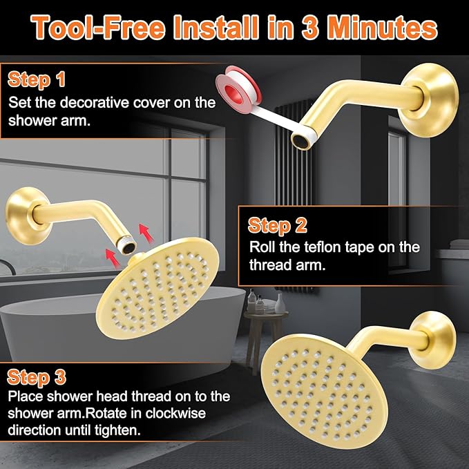 6 Inch Round Rainfall Shower Head with Stainless Steel Arm High Pressure Water Saving Anti-Clog Nozzles Easy Install for Bathroom/Bathtub