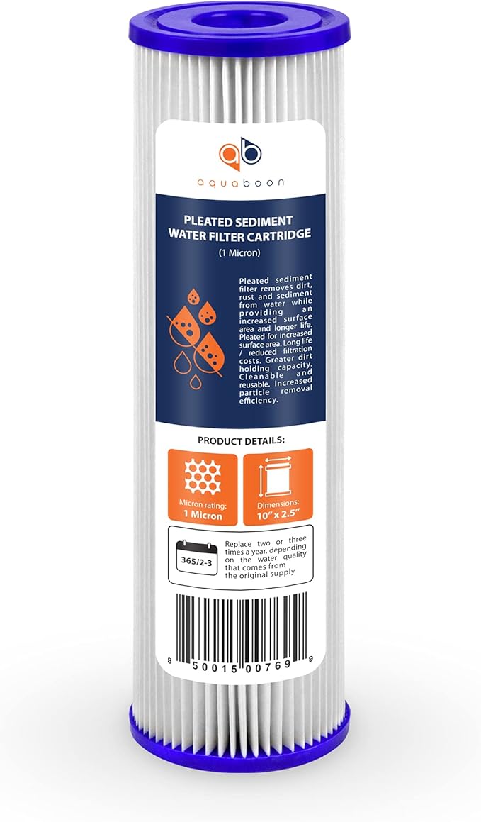 Aquaboon 1 Micron Pleated Water Filter 10 x 2.5 - Whole House Sediment Filter Replacement Cartridge Compatible with WFPFC3002, WHKF-WHPL, 6-Pack