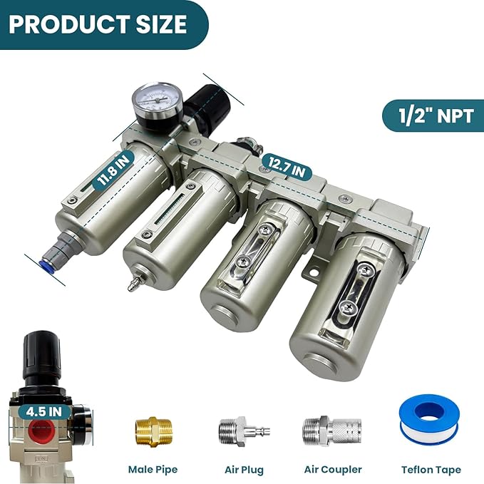 Upgraded 1/2" NPT Heavy Duty Industrial Grade 4 Stage Air Drying System, Particulate Filter, Coalescing Filter, Desiccant Dryer & Air Regulator - for Plasma Cutter, Paint Spray（Auto Drain）