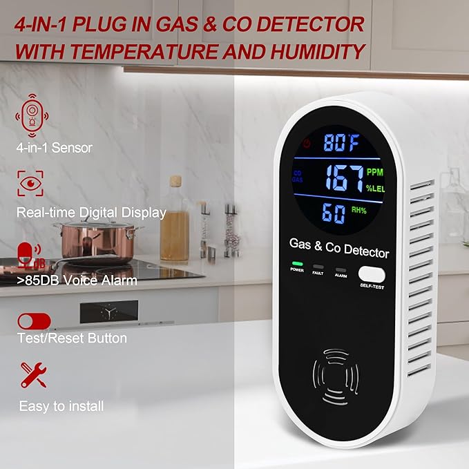2 Packs Combination Gas & Carbon Monoxide Detector, 4-in-1 Natural Gas Detector & Carbon Monoxide Alarm with Temperature(°F) & Humidity,Propane & CO Detector for Home,RV,Apartment