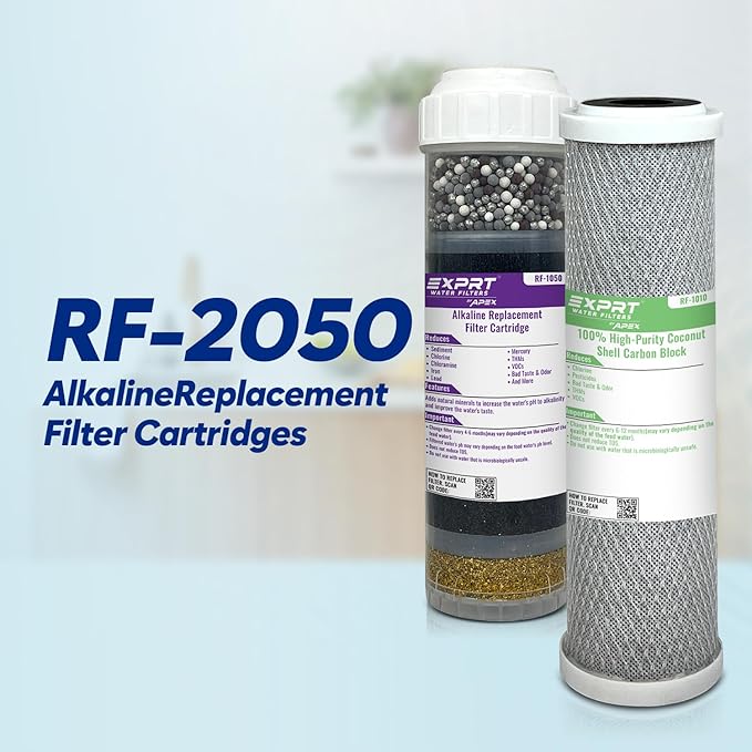 RF-2050 2-Filter Set, 2.5" × 10" Universal Fit - Alkaline Multi-Stage + Carbon Block - KDF-55 Activated Carbon - Mineral pH Balance - Reduces Chloramines, Chlorine, Heavy Metals, Taste & Odor