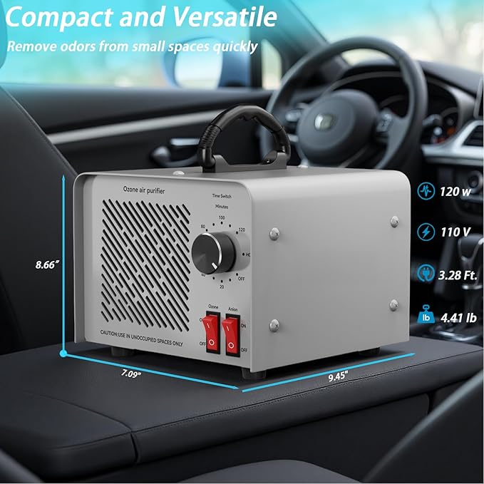 120,000mg/h 0zone Generator High Capacity Ozone Machine & Negative Ion Air Purifier for Home, Car, Pet Odor Removal, O3 Odor Eliminator up to 2,500 Sq. Ft.(Silver)