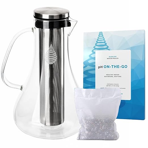 Invigorated Water - Alkaline Glass Water Filter Pitcher, High pH Purifier with 1 Alkalizer Filter Pouch (400-Liter Capacity), 7.5-Cup (1.8 Liter) for Drinking Water