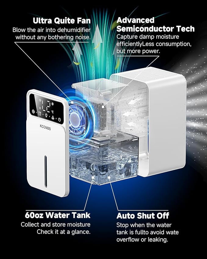 Dehumidifier, Dehumidifiers for Home, 60 OZ Water Tank, 500 sq.ft Dehumidifier for Bathroom, Bedroom, Basement with Auto Shut Off, Timer, 7 Colors LED Light (White)