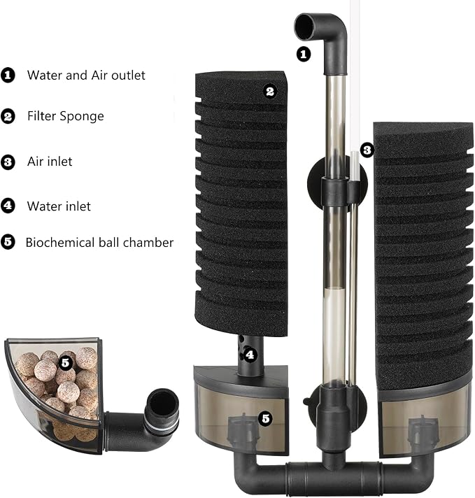 Carefree Fish Aquarium Filter Sponge Fish Tank Quiet Bubble Filter with 4 Sponges and 1 Bag of Filtered Ceramic Balls for Salt Water and Fresh Water(not Included Air Pump)