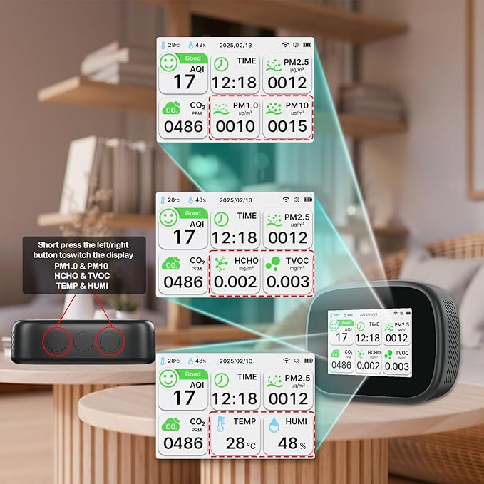 18-in-1 Smart Air Quality Monitor - Indoor WiFi Air Quality Detector with Dual Chip, Real-Time for AQI, CO2, PM2.5, PM1.0, PM10, TVOC, HCHO, Time Display, Temperature & Humidity with Aler (Black-W)