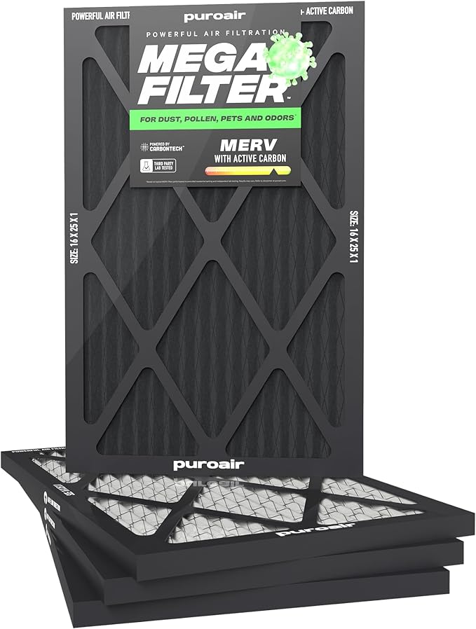 PuroAir Mega Filter - MERV 13 16x25x1 Air Filters For Home With Activated Carbon - Filters Allergens, Pet Dander, Smoke, Dust - Furnace and AC Filters - Air Filters 16x25x1 MERV 13 (4 Pack)