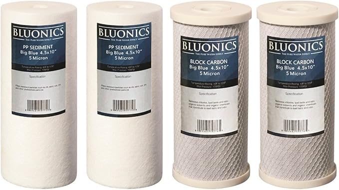 Bluonics Sediment & Carbon Block Replacement Water Filters 4pcs (5 Micron) 4.5" x 10" Whole House Cartridges