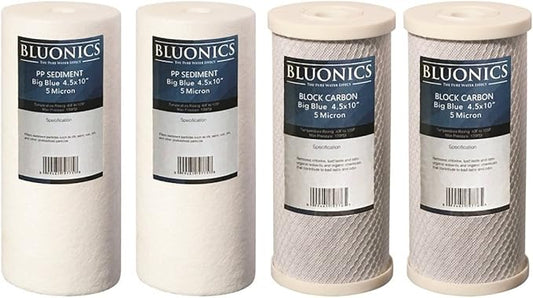 Bluonics Sediment & Carbon Block Replacement Water Filters 4pcs (5 Micron) 4.5" x 10" Whole House Cartridges