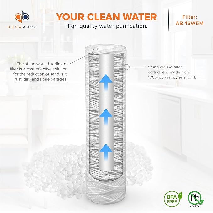 Aquaboon Whole House 5 Micron 10 x 2.5 String Wound Sediment Water Filter Cartridge Replacement Compatible with Well Water Filter WHKF-WHSW, 50-Pack