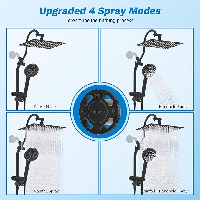 Hibbent Upgraded All Metal 12" Rainfall Showerhead Combo, High Pressure Shower Head with 10-Spray Mode Handheld, 4-way Diverter with Pause Mode, 71'' Shower Hose and Handheld Holder, Oil Rubbed Bronze