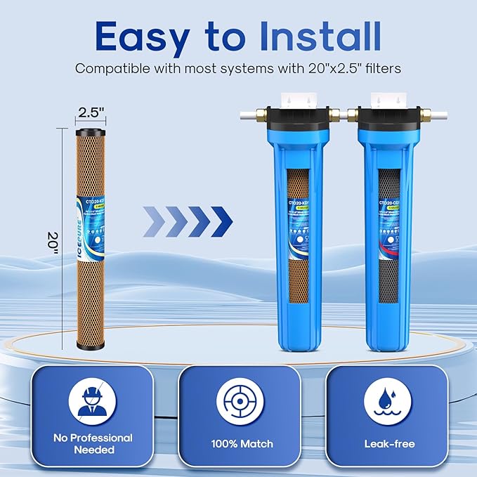 ICEPURE 2.5"x 20" Whole House Water Filter, 2-Stage Water Filtration System Replacement Combo Kit with KDF Cartridge and Activated Carbon Lead Remove Filter, Compatible with C1-20, F3WCB32, 1 PACK