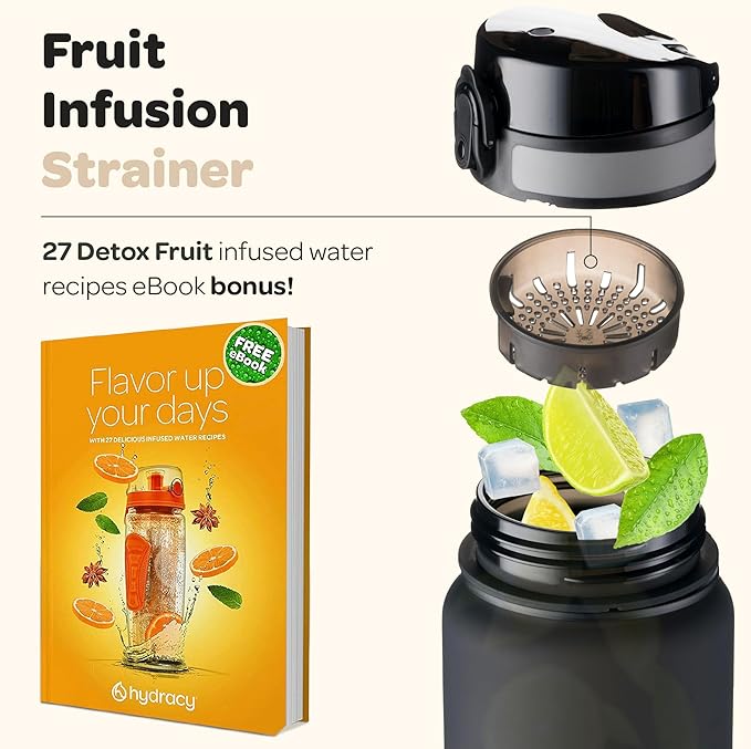 Hydracy Water Bottle with Time Marker -Large BPA Free Water Bottle & No Sweat Sleeve -Leak Proof Gym Bottle with Fruit Infuser Strainer & Times to Drink -Ideal for Fitness Sports & Outdoors