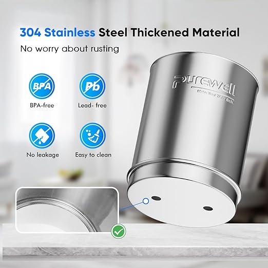 Purewell 2.25G Gravity Water Filter System with Water Level Window, 3-Stage 0.01μm Ultra-Filtration Stainless Steel Countertop System with 2 Filters and Stand, Reduce 99% Chlorine, PW-KS