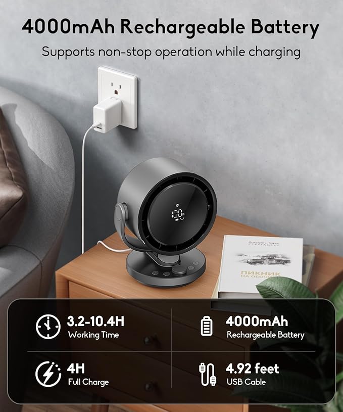 let'me Desk Fan, 100-Speed Table Fan with Digital Display, Rechargeable Portable Fan with Warm Night Light, 135°Auto Oscillating Fan and 12H Timer, Small Quiet Desk Fan for Bedroom, Home, Office