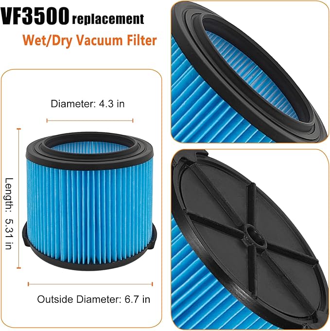 VF3500 Filter Replacement for Ridgid 4 Gallon Shop Vaccum, 26643 Fine Dust Filter for 3/4/4.5 Gallon Wet Dry Portable Vacuums, Replaces WD40700, WD30500-2 Pack