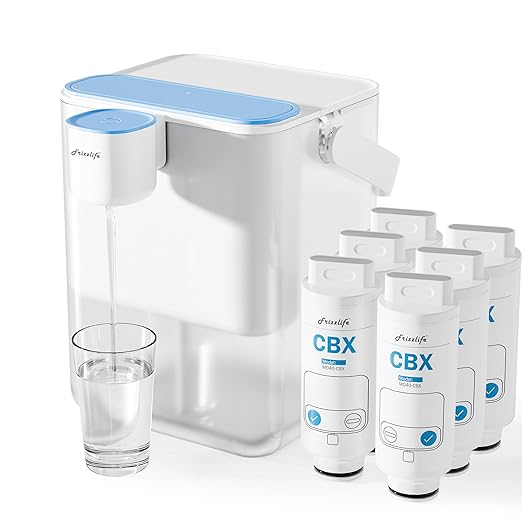 Frizzlife MD40 Rechargeable Water Filter Dispenser with 2 Filters Pre-Installed, Certified Reduce 99.9% of Chlorine, 400-Gallon/6 Months Water Pitcher, Extra 4 Filter Replacements