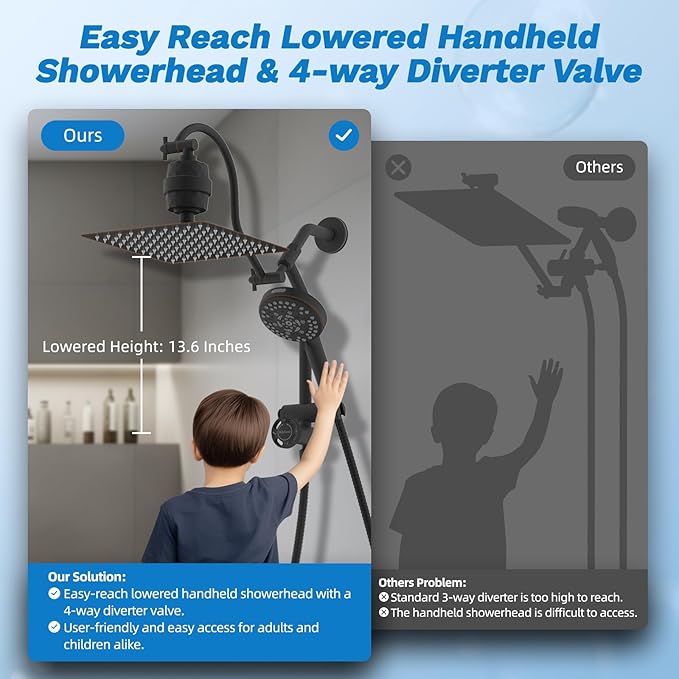 Hibbent Dual Filter All Metal 10"Rainfall Showerhead Combo, High Pressure Shower Head with 10-Spray Mode Handheld, 4-way Diverter with Pause Mode, 71'' Shower Hose & Holder, Oil Rubbed Bronze