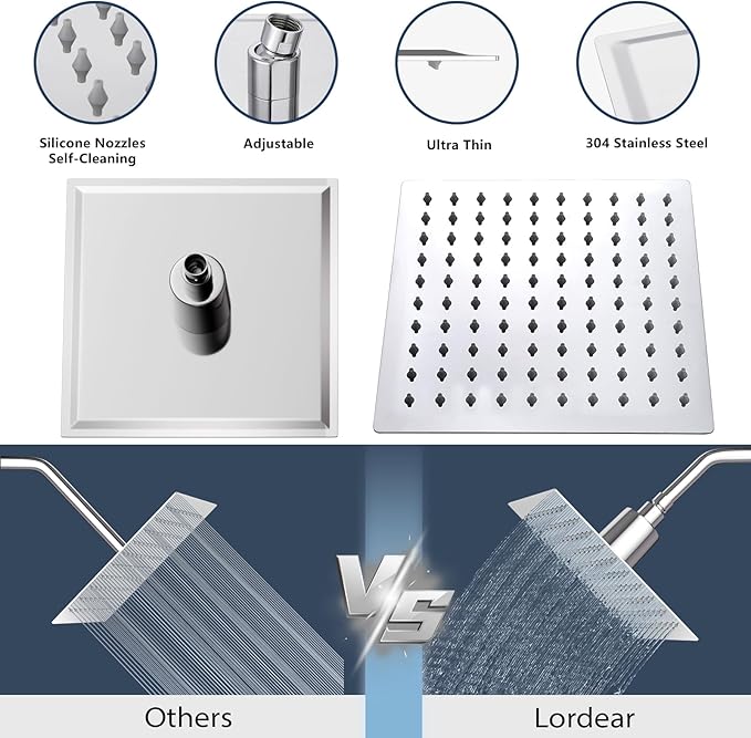 Lordear Filtered Shower Head 8 Inch Stainless Steel Square Shower Head, High Pressure Showerhead for Hard Water,Ceiling or Wall Mounted Waterfall Shower (Chrome)