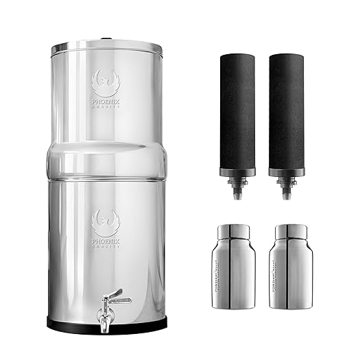 Gravity Water Filter System - 1.5 Gallons NSF Certified AISI 304 Stainless Steel Water Filter with 2 Smart Carbon Filters, 2 POSTreat Steel Fluoride Removal Elements & Free Stainless Steel Spigot