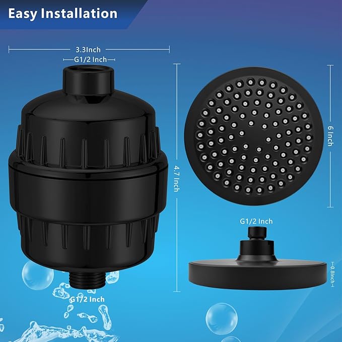 High Pressure Filtered Shower Head Set, 6’’ Rain Shower Filter for Hard Water, Universal Round Showerhead 20 Stage Filtration Removes Impurities for Rejuvenated Skin by Eolax, Matte Black