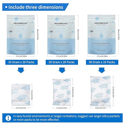 10/20/50 Gram(50 Packs) Moisture Absorbers, Premium Silica Gel Packs, Silica Packets for Storage, Silica Gel Desiccant Packets Food Safe for Moisture Control