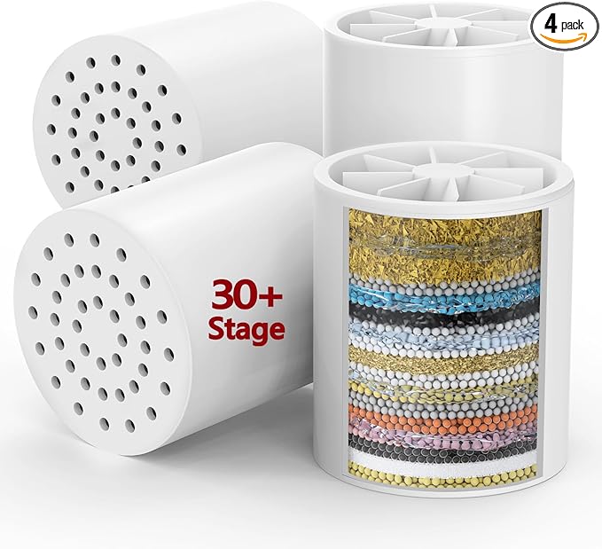 Longriver 4 Pack 33 Stage Universal Shower Filter Replacement Cartridge - Hard Water Purifier Removes Chlorine, Heavy Metals, Iron, Sediments - High Output Water Softener for Skin & Hair