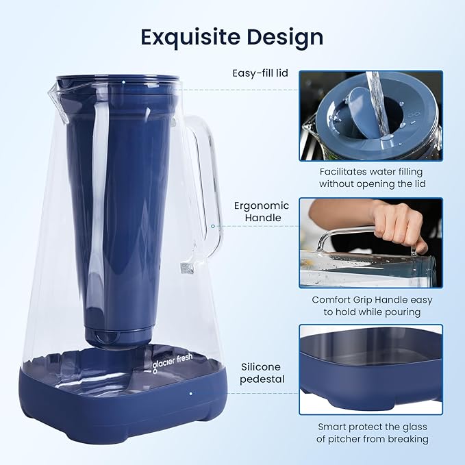 GLACIER FRESH 10 Cup Purela Glass Water Pitcher with 1 Ultrafiltration Membrane and Activated Carbon Filter, Reduces 99% Chlorine, PFOA&PFOS, Coliforms, Blue