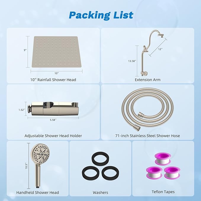 Hibbent Upgraded All Metal 10"Rainfall Showerhead Combo, High Pressure Shower Head with 10-Spray Mode Handheld, Innovative 4-way Diverter with Pause Mode, 71'' Shower Hose & Holder, Brushed Nickel