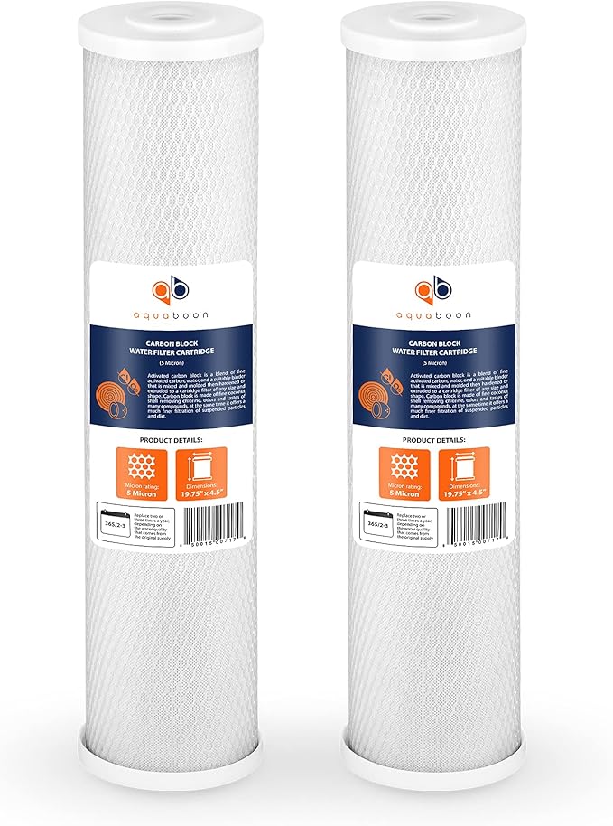 Aquaboon Carbon Water Filter Replacement - 5 Micron Water Filter 20 x 4.5 inch - Whole House CTO Carbon Block Water Filter Cartridge Compatible with FC25B, EPM-20BB, CB-BB-20, 155783-43, 2 Pack