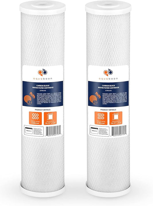 Aquaboon Carbon Water Filter Replacement - 5 Micron Water Filter 20 x 4.5 inch - Whole House CTO Carbon Block Water Filter Cartridge Compatible with FC25B, EPM-20BB, CB-BB-20, 155783-43, 2 Pack