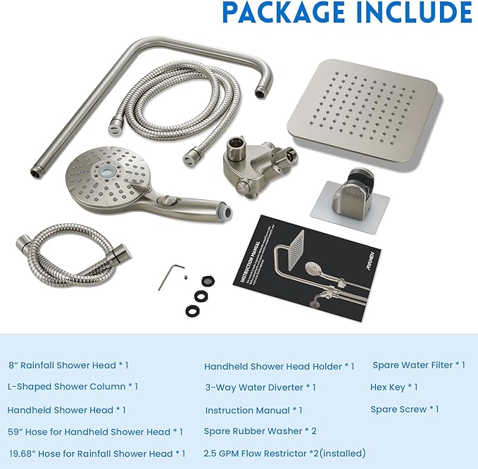 8" Dual Shower Head Combo, High Pressure Rainfall Shower Head with Handheld, 6 Spray Settings Angle Adjustable Handheld Shower Head with Pause, Height Adjustable, Brushed Nickel