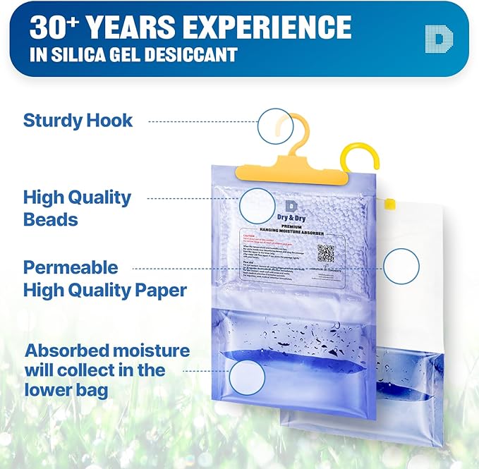 Dry & Dry Premium Moisture Absorbers Dehumidifiers for Home, Basement, Bedroom, Small Dehumidifiers - Blue & White (8 Pack) 14 ounce