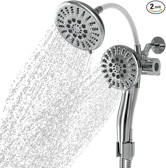AQUAZEN® Dual Shower Head Combo | Adjustable Rainfall + Handheld Shower | 6 Spray Modes Each | Flexible Mount & Swivel Heads | 5ft Stainless Steel Hose | Premium Chrome Finish | Fits All US Showers