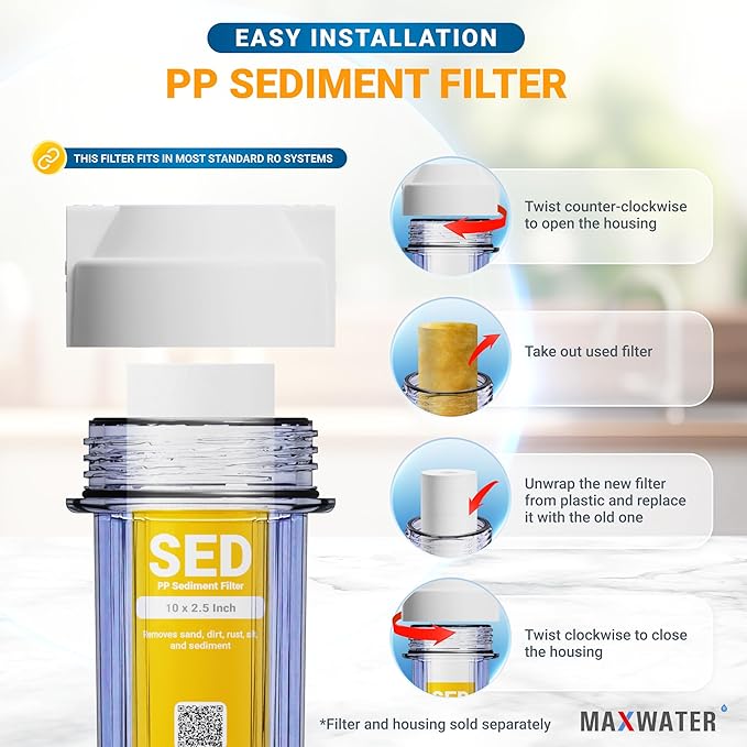 Max Water 10 inch x 2.5 inch, 5 Micron Replacement Sediment Water Filter Cartridge for Whole House, Melt Blown Filtration Fiber for Heavy Duty (Pack of 50)