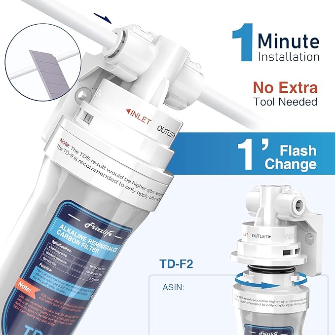 Frizzlife TD-9 Alkaline Remineralization Under Sink Inline Water Filter - Quick Twist Post Filter for RO Reverse Osmosis System, Reduce Chlorine, Adjust Taste & PH, Restore Essential Minerals