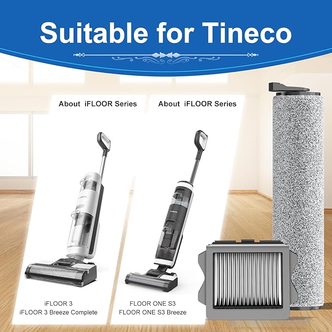 Vacuum Mop Replacement Parts Compatible with Tineco Roller Brush Replacement, Suitable with Ifloor 3 Series, Floor One S3 Series, Ifloor 5 Breeze Cleaner, Set Includes 3 Roller Brushes and 6 Filters