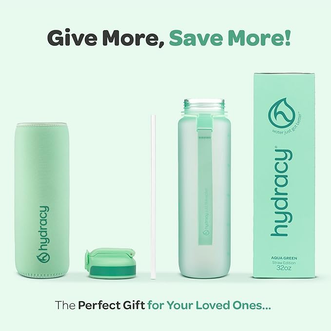 Hydracy Water Bottle with Time Marker -Large BPA Free Water Bottle & No Sweat Sleeve -Leak Proof Gym Bottle with Fruit Infuser Strainer & Times to Drink -Ideal for Fitness Sports & Outdoors