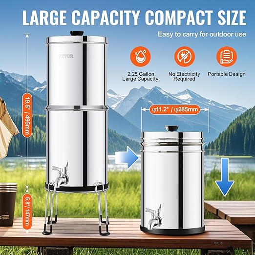 VEVOR Gravity-fed Water Filter System, 2.25G 304 Stainless-Steel Countertop Water Filtration System, Reduces Lead and up to 99% of Chlorine, with 2 Ceramic Carbon Filters, Spigot, and Stand