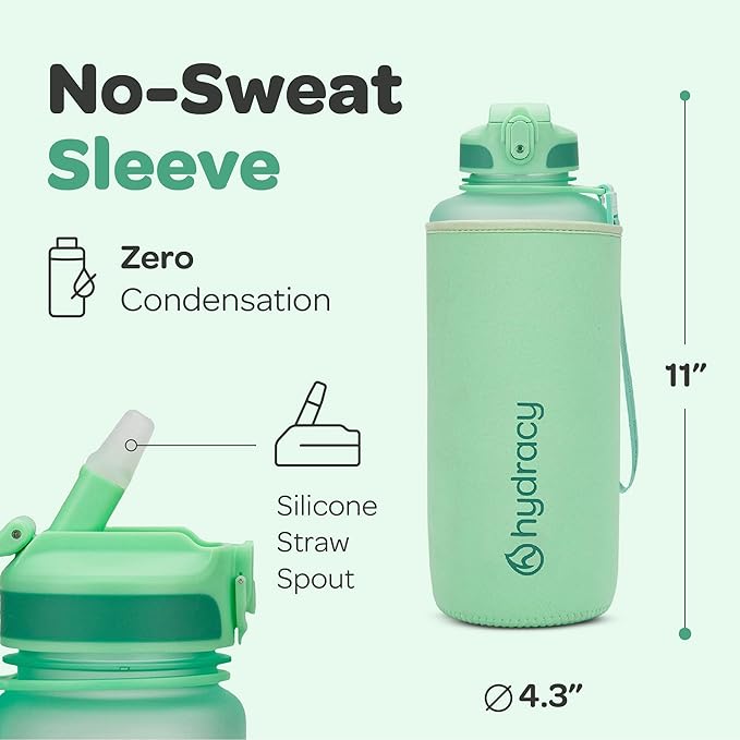 Hydracy Water Bottle with Time Marker -Large BPA Free Water Bottle & No Sweat Sleeve -Leak Proof Gym Bottle with Fruit Infuser Strainer & Times to Drink -Ideal for Fitness Sports & Outdoors