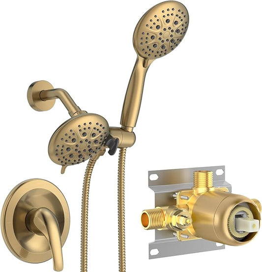 SR SUN RISE High Pressure 3-Way Rainfall Shower Faucet, 3 in 1 Shower Head and Handheld Shower Combo Set with 71” Hose, Easy to Clean Bathtub or Pets, Valve and Shower Trim Kit, Brushed Gold
