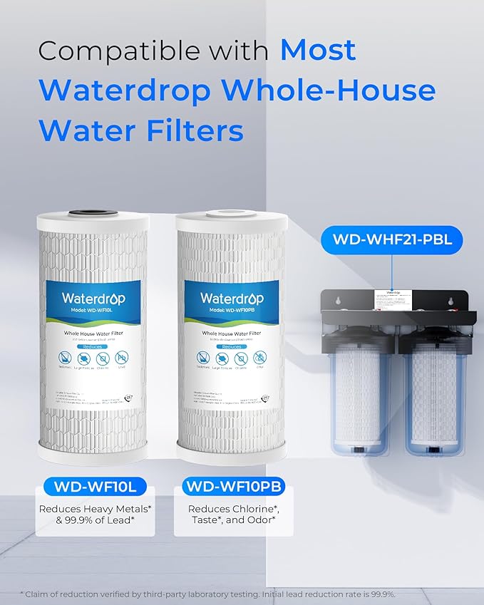 Waterdrop Whole House Water Filter, Sediment Filter Reduce Lead, Chlorine Filter Cartridge, Replacement for GE® FXHTC, GXWH40L, iSpring, Culligan® RFC-BBSA, Whirlpool®, Any 10" x 4.5" System, 5 Micron
