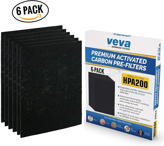 VEVA Air Purifier Filter Replacements - 6 Pack Precut & Compatible with Honey-well HPA200 Purifiers - Premium Activated Carbon Pre-Filters