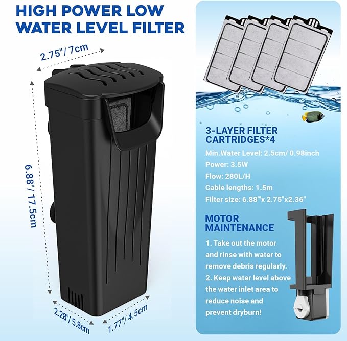 GOZILLA Turtle Tank Filter 74GPH, Low Water Level Turtle Tank 3.5W Fish Tank Aquarium Filters for Small Tanks up to 15 Gallons Include 4 Replacement Cartridges.(Black)